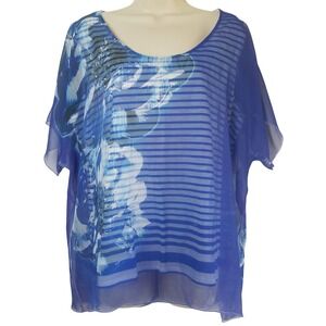 Style & Co Women Blue Floral Layered Sheer Overlay Striped Blouse Large Coastal